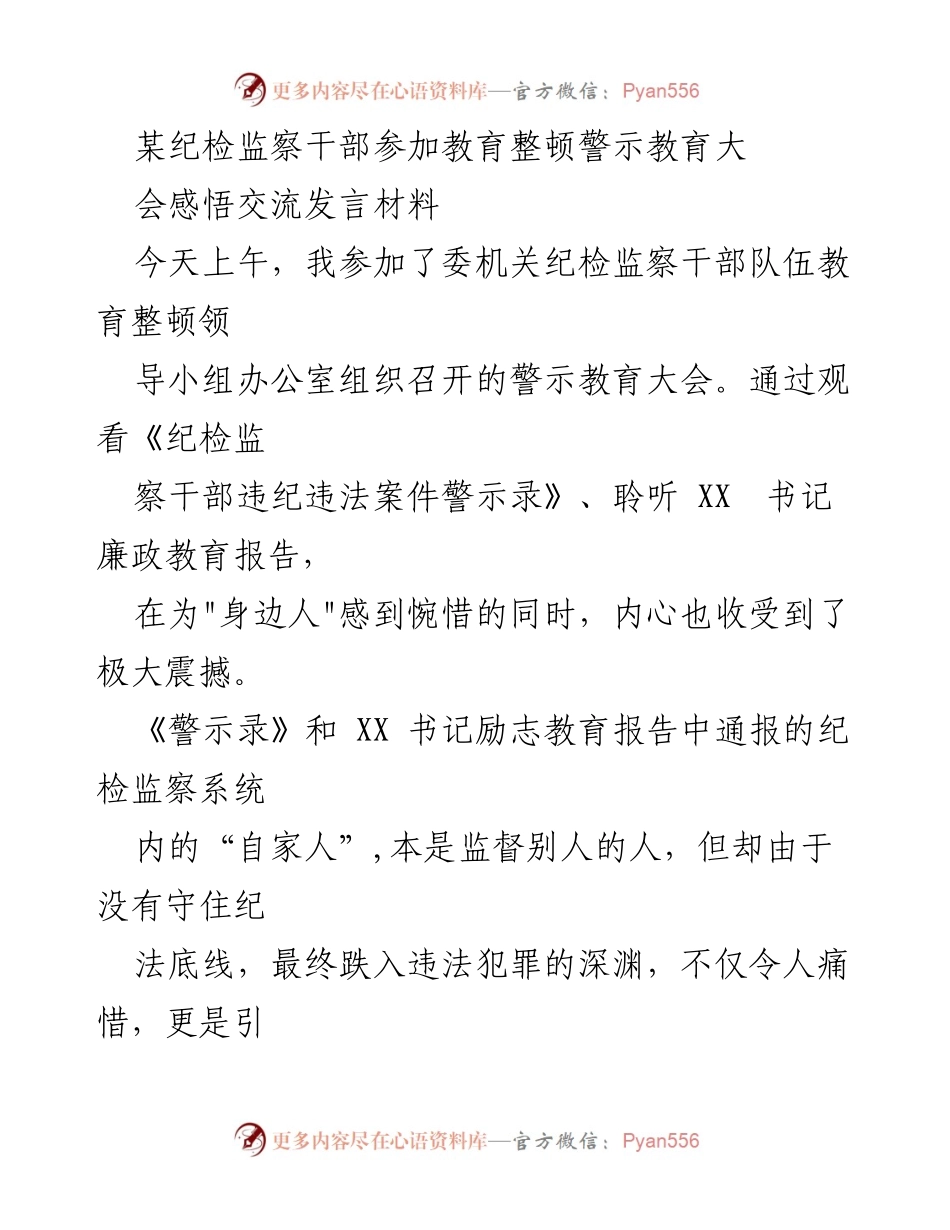 [发言] 教育整顿警示教育大会 - 纪检监察干部的自我警醒与责任担当.docx_第1页