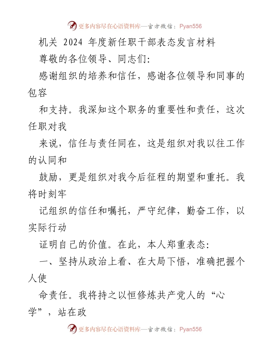 [发言] 新任职干部表态 - 2024年度新任职干部的责任与承诺_1.docx_第1页