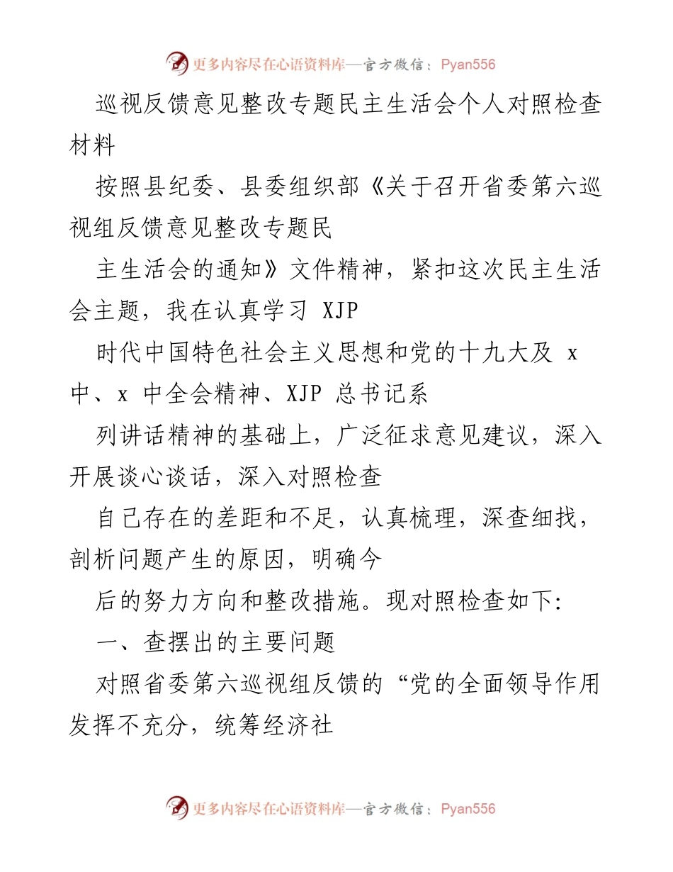 [发言] 民主生活会 - 巡视反馈意见整改个人对照检查材料.docx_第1页