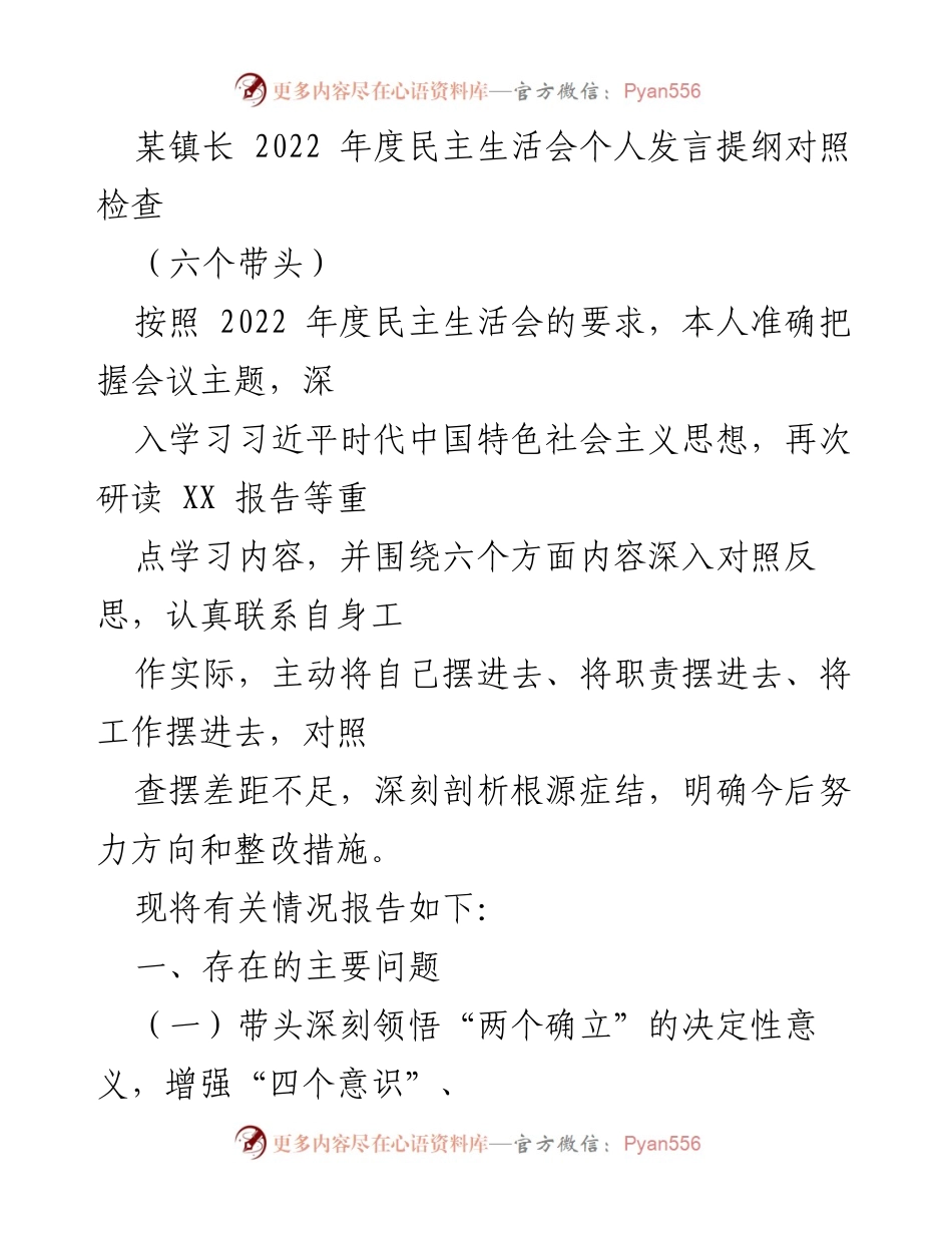 [发言] 民主生活会 - 2022年度民主生活会个人发言提纲及自我反思_1.docx_第1页