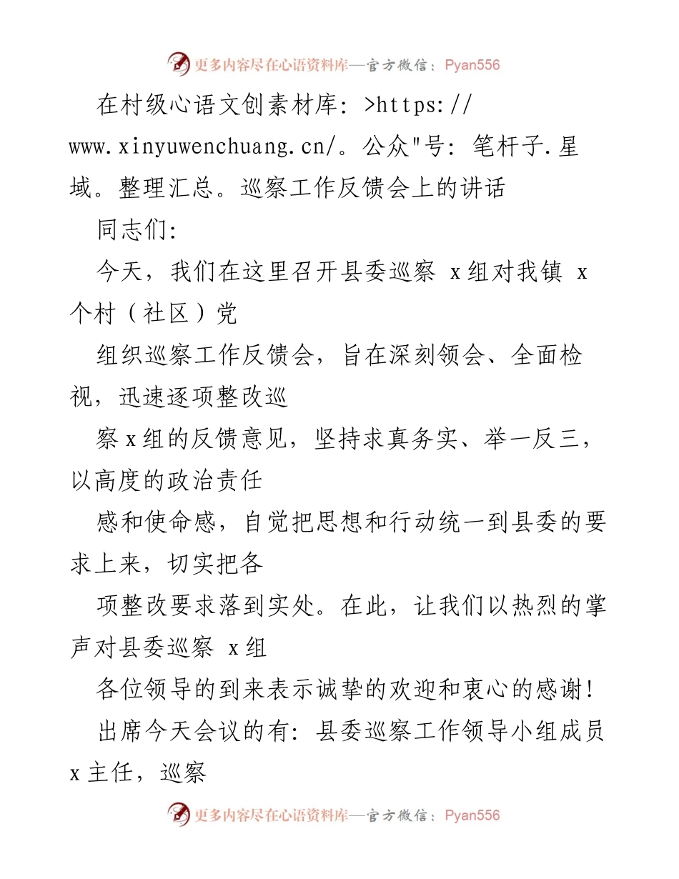 [发言] 村级巡察工作反馈会 - 深入整改，提升政治责任感.docx_第1页