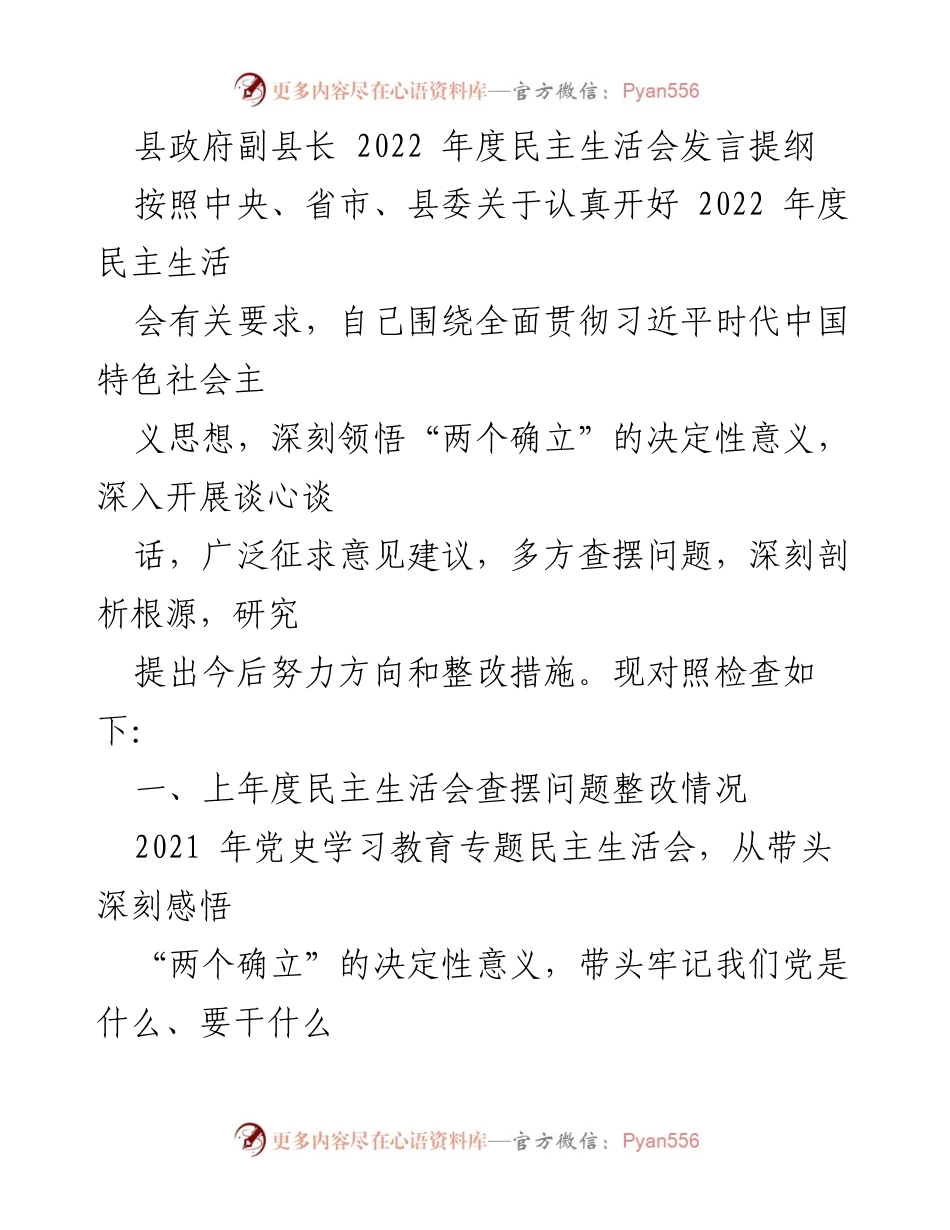 [发言] 民主生活会 - 2022年度民主生活会发言提纲分析与整改措施.docx_第1页