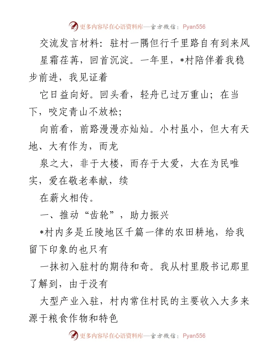 [发言] 村庄振兴会议 - 驻村一年：见证与推动乡村振兴的实践与思考.docx_第1页