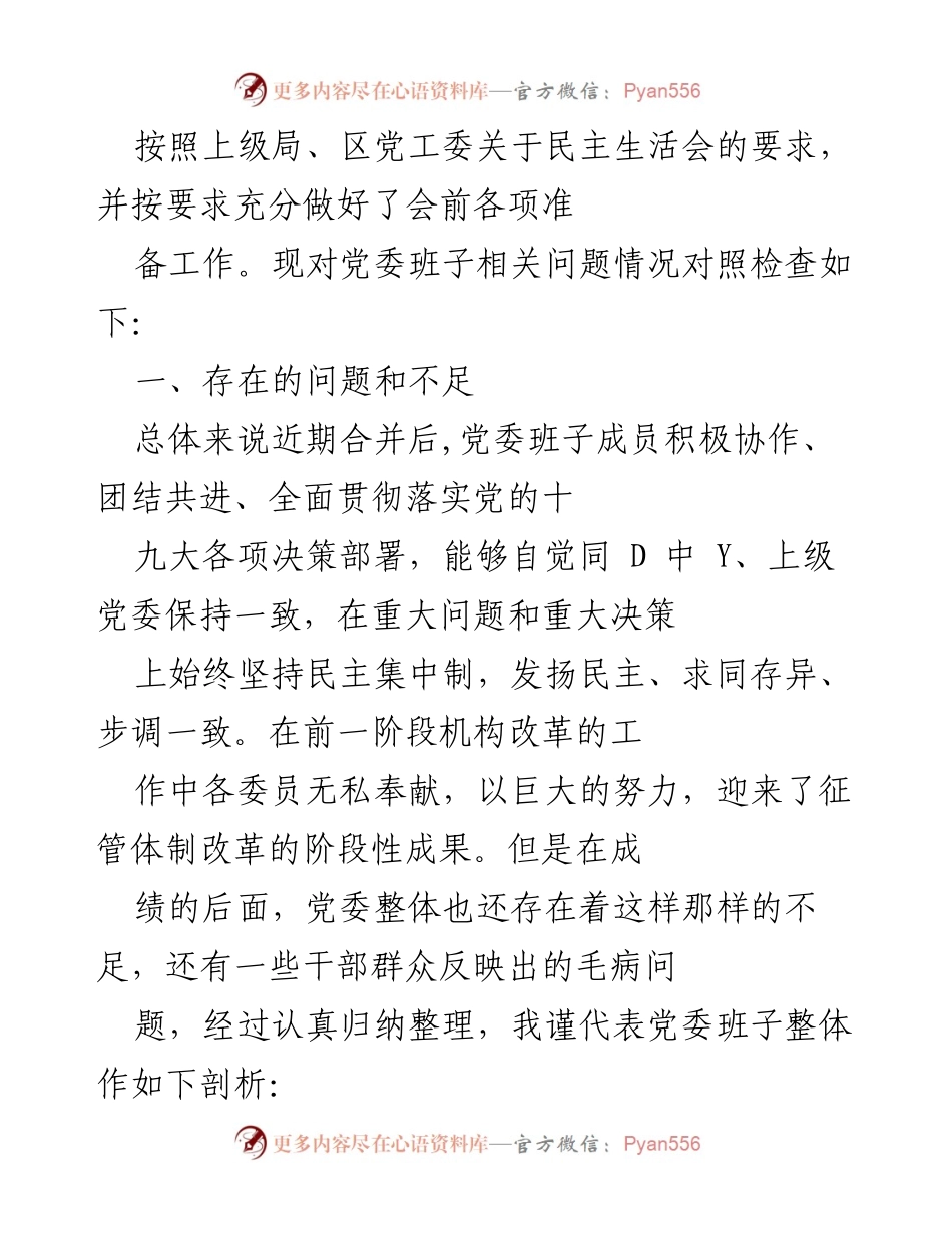 [发言] 民主生活会 - 党委班子对照检查及问题剖析报告.docx_第1页