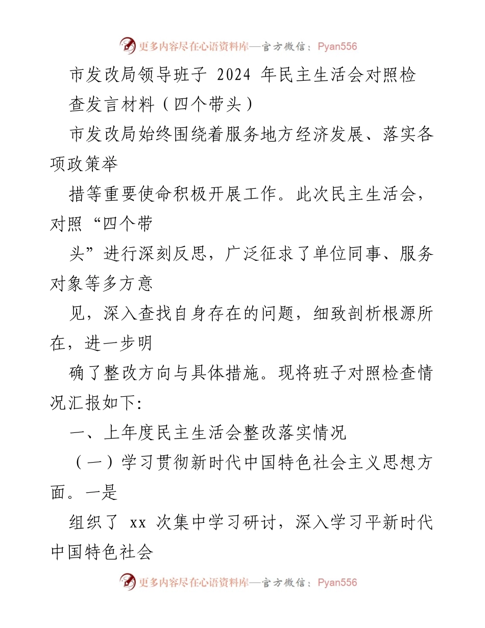 [发言] 民主生活会 - 市发改局2024年民主生活会对照检查发言材料总结.docx_第1页