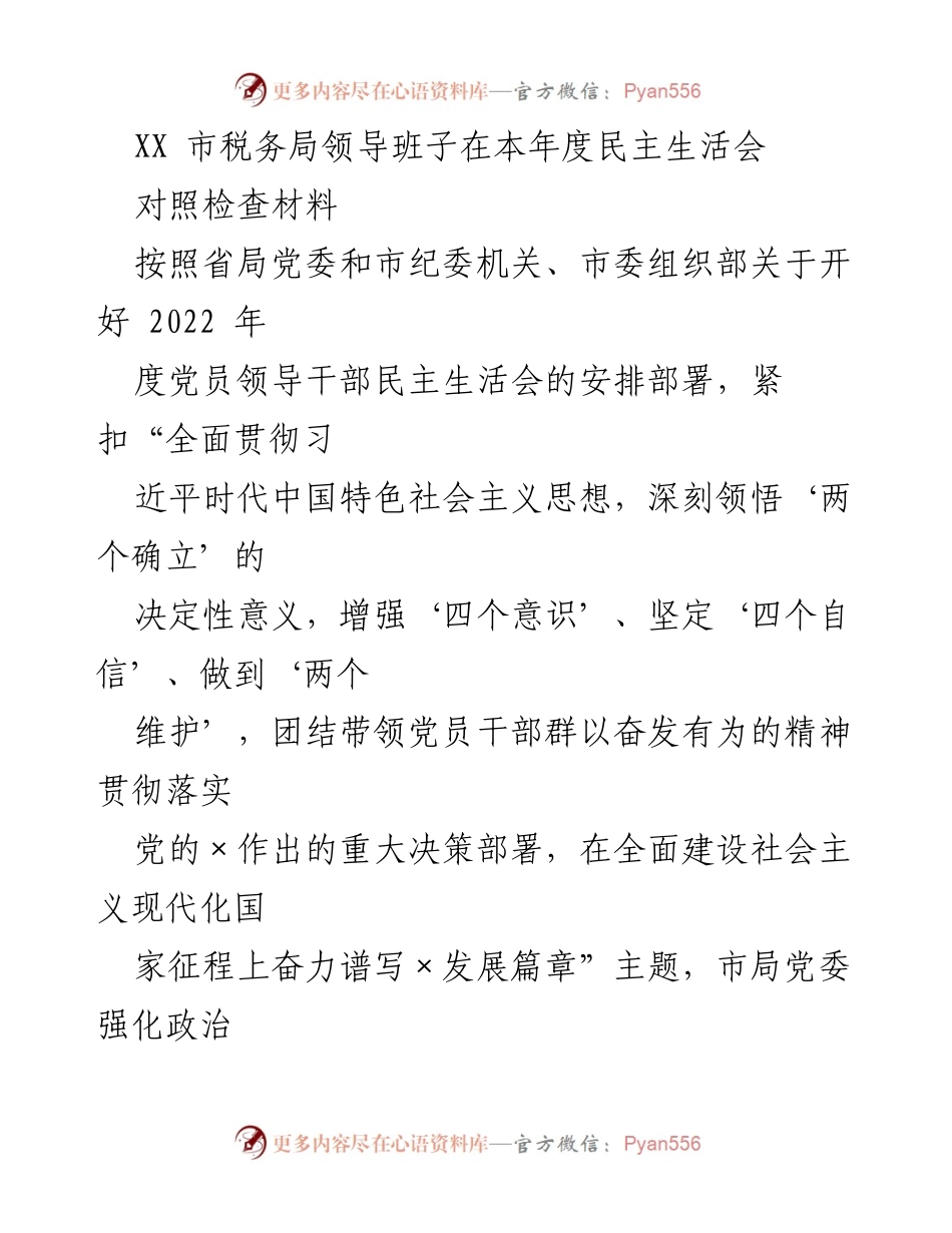 [发言] 民主生活会 - XX市税务局领导班子民主生活会对照检查材料总结.docx_第1页