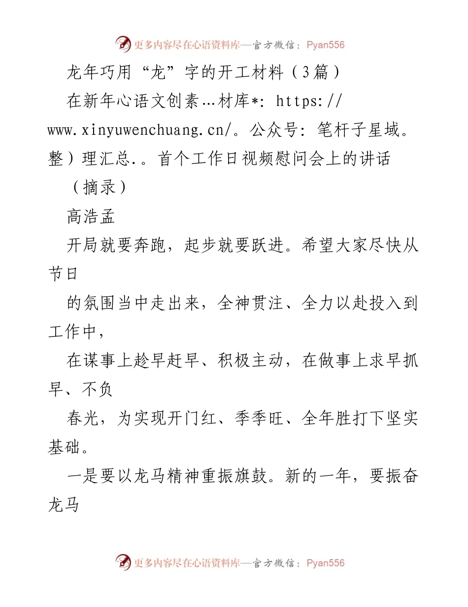 [发言] 新年开工视频慰问会 - 龙年开局：奋力拼抢，稳步前行.docx_第1页