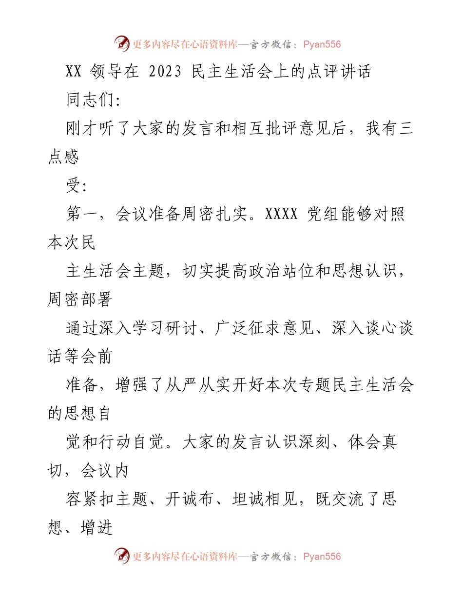 [发言] 民主生活会 - XX领导在2023民主生活会上的点评与展望.docx_第1页