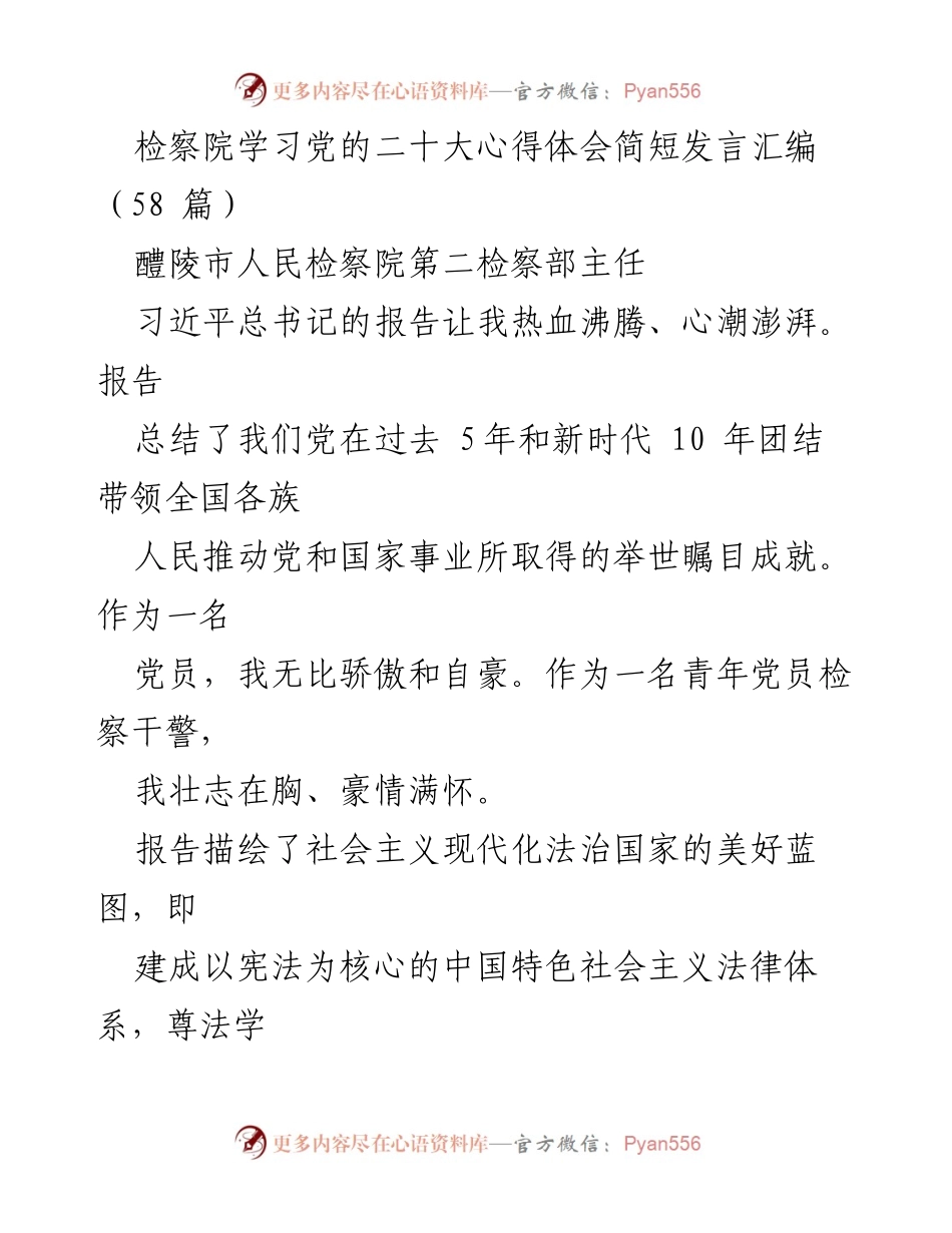 [发言] 检察院学习党的二十大 - 学习贯彻党的二十大精神，推动检察工作新发展.docx_第1页