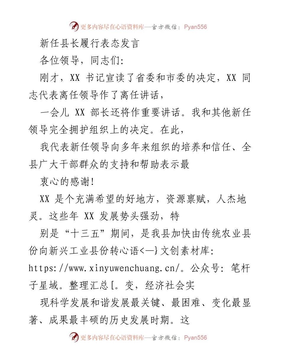 [发言] 新任县长就职仪式 - 新任县长表态发言：承接使命，推动XX发展.docx_第1页
