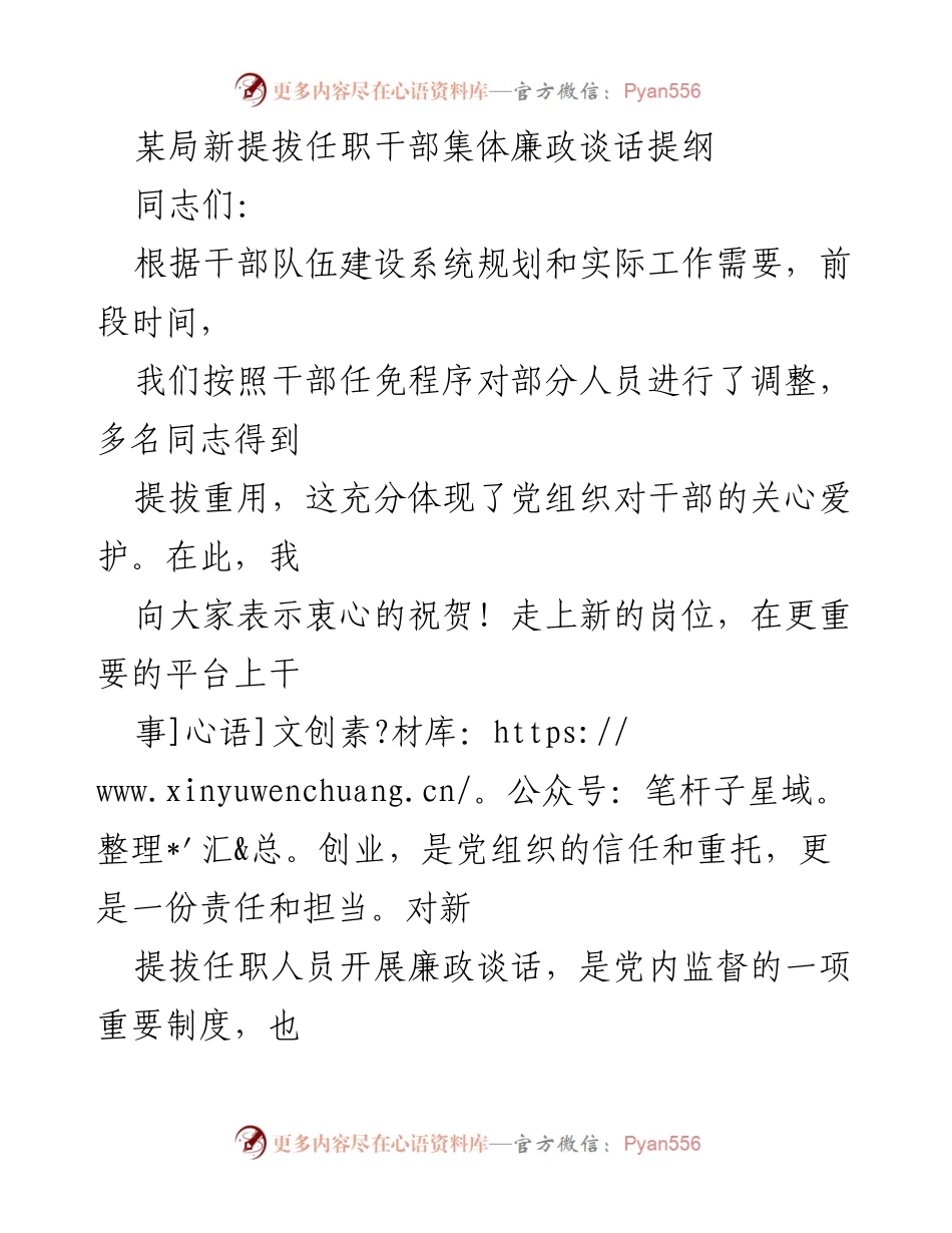 [发言] 新提拔任职干部集体廉政谈话 - 新任干部廉政建设与责任担当谈话提纲.docx_第1页