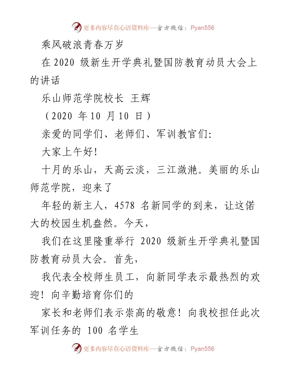 [发言] 新生开学典礼 - 乘风破浪，青春万岁.docx_第1页