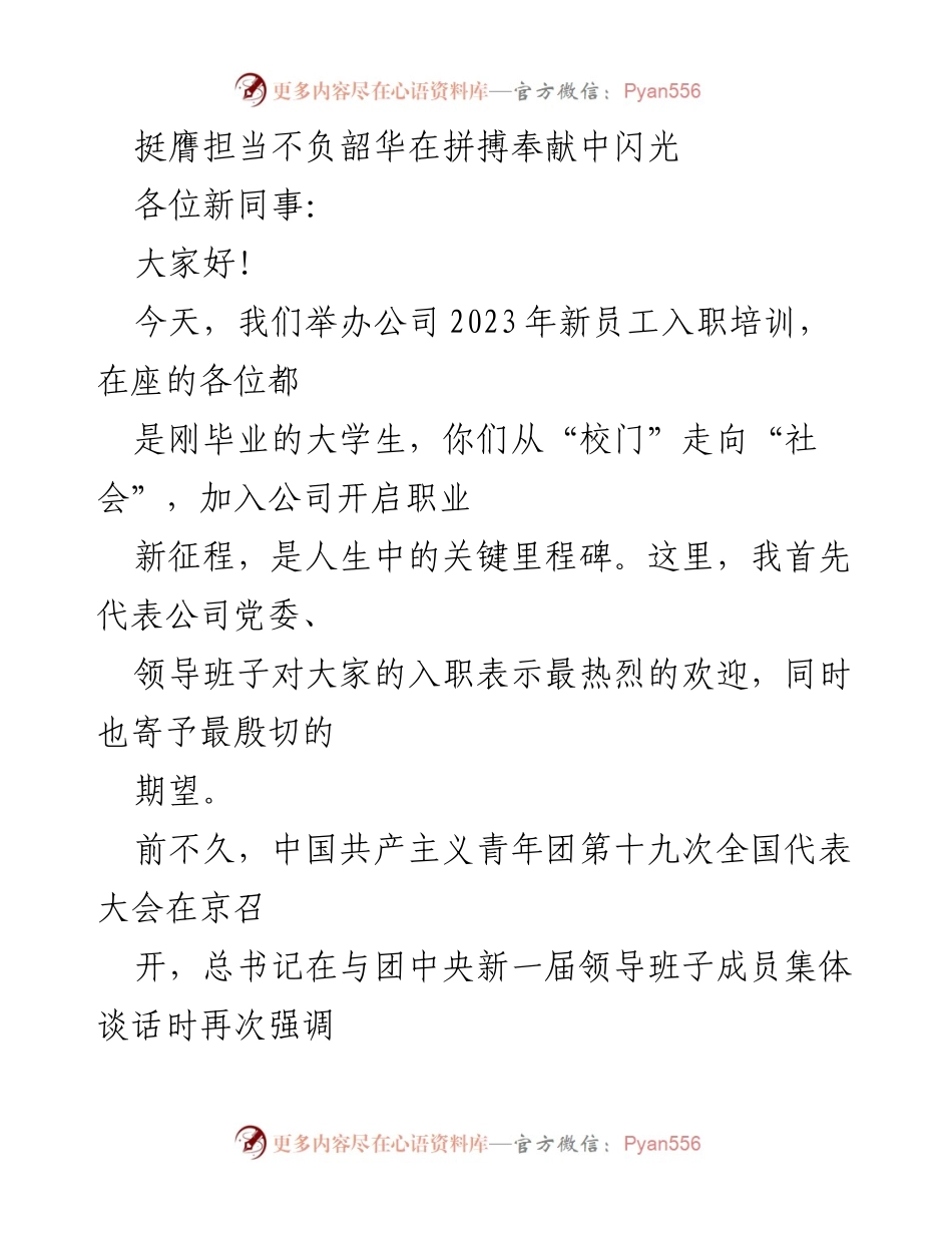 [发言] 新员工入职培训 - 拥抱新征程，扬帆青春梦想.docx_第1页