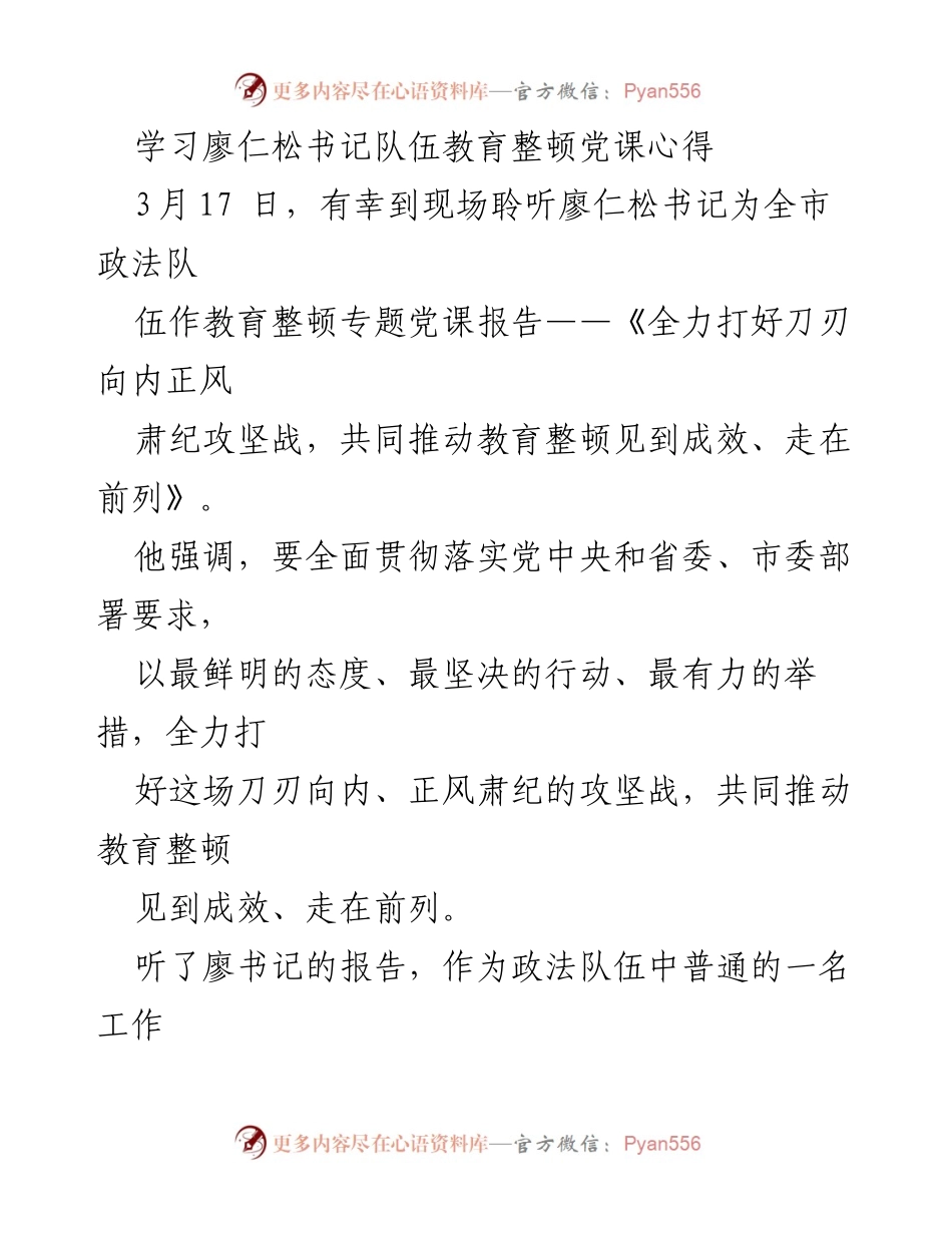[发言] 教育整顿专题党课 - 廖仁松书记党课心得体会.docx_第1页