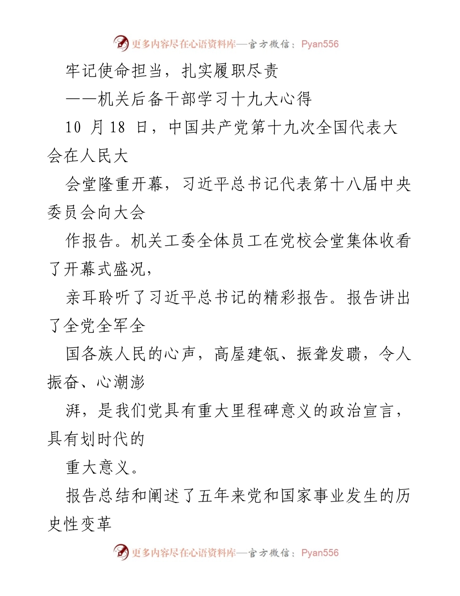 [发言] 机关后备干部学习会议 - 牢记使命担当，扎实履职尽责：学习十九大精神心得分享.docx_第1页