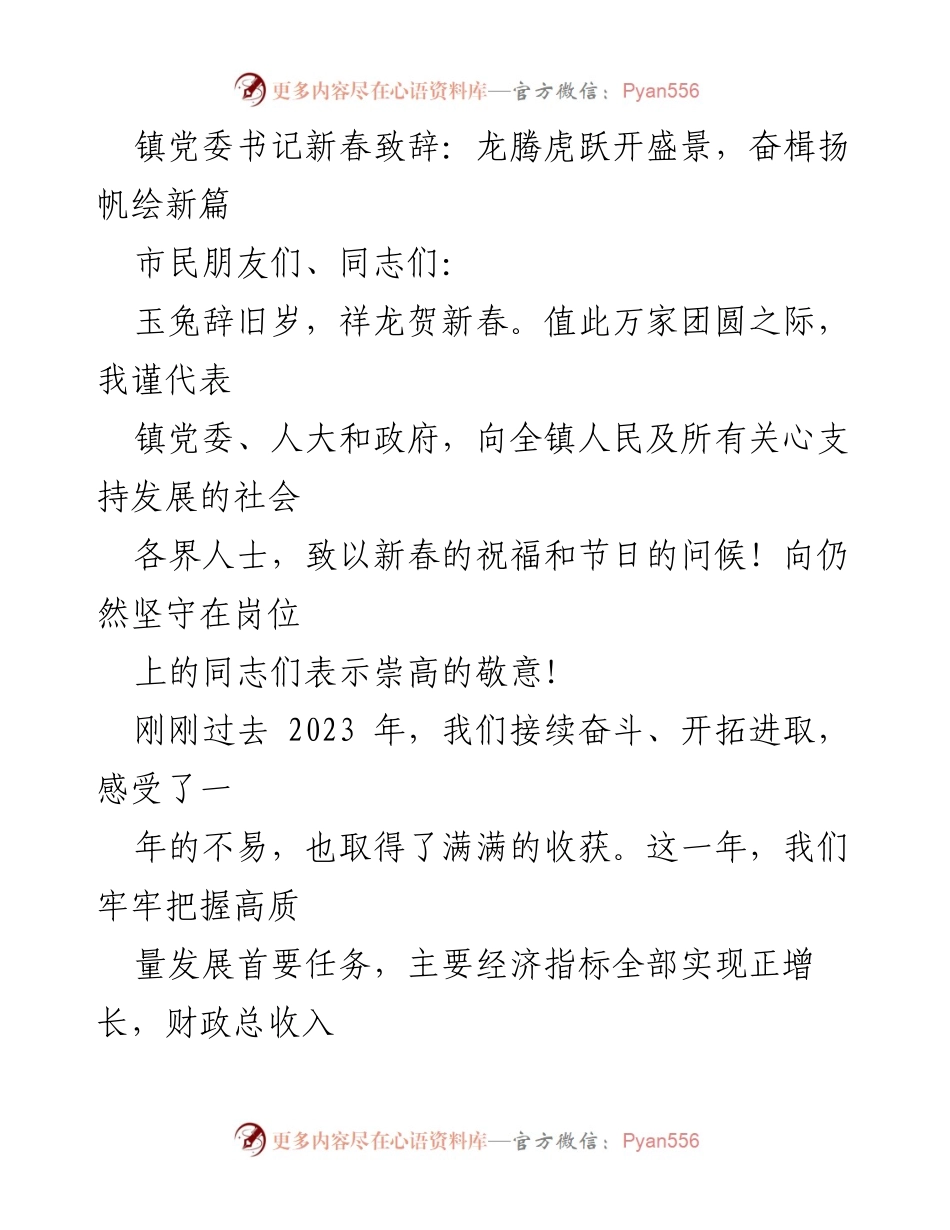 [发言] 新春团拜会 - 镇党委书记新春致辞：龙腾虎跃开盛景，奋楫扬帆绘新篇.docx_第1页