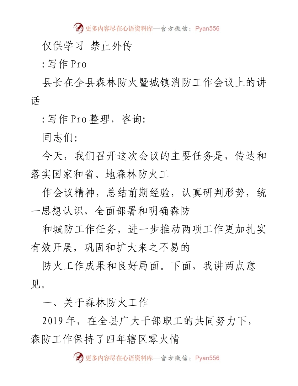 [发言] 森林防火暨城镇消防工作会议 - 强化森林防火意识，确保安全稳定工作.docx_第1页