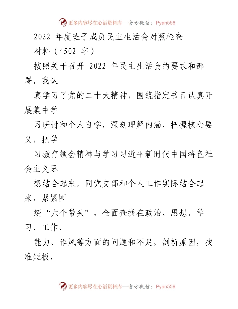 [发言] 民主生活会 - 2022年度班子成员民主生活会对照检查与自我剖析.docx_第1页