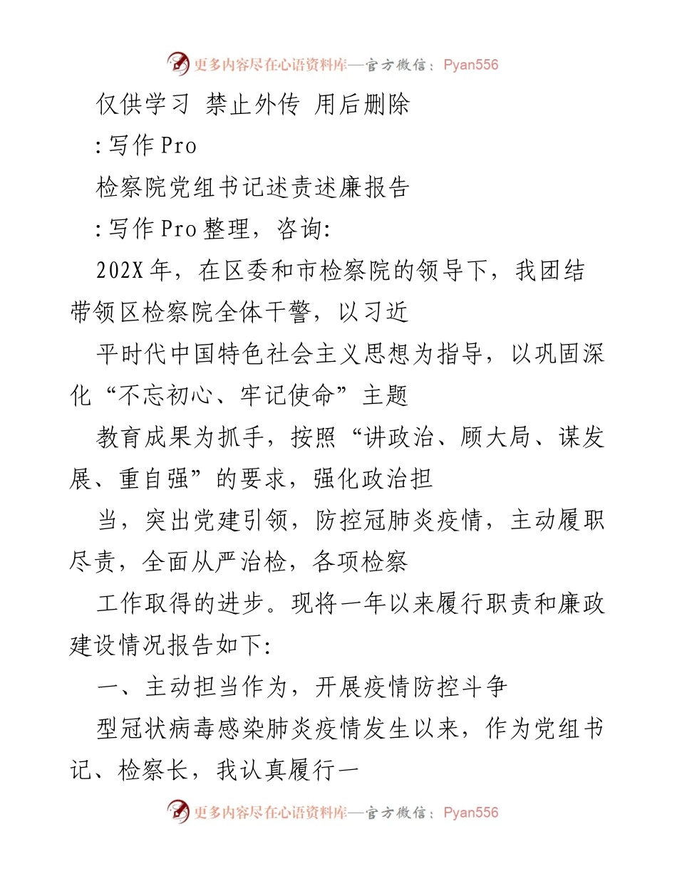 [发言] 检察院工作总结 - 202X年检察院党组书记述责述廉报告.docx_第1页