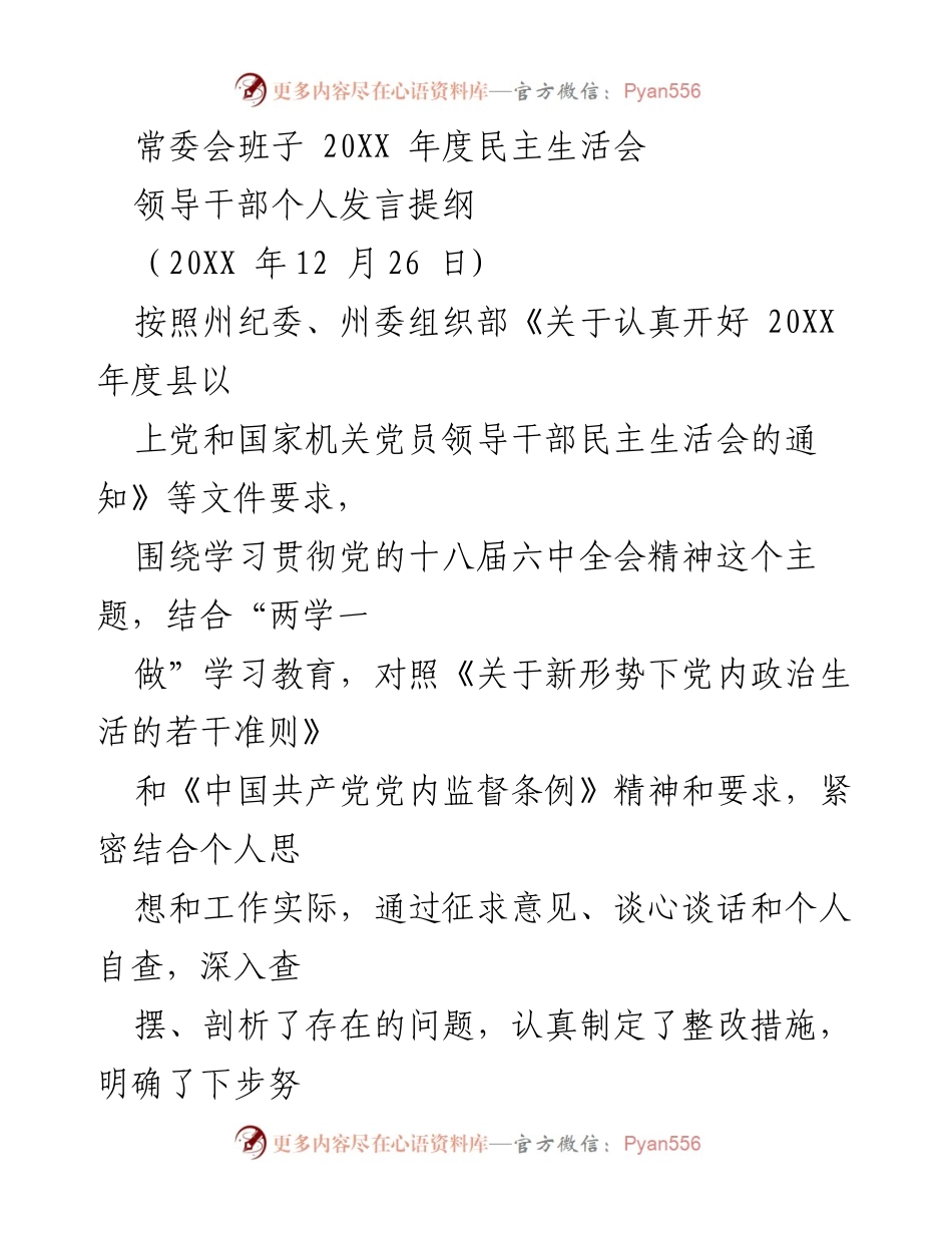 [发言] 民主生活会 - 20XX年度领导干部民主生活会个人发言提纲.docx_第1页