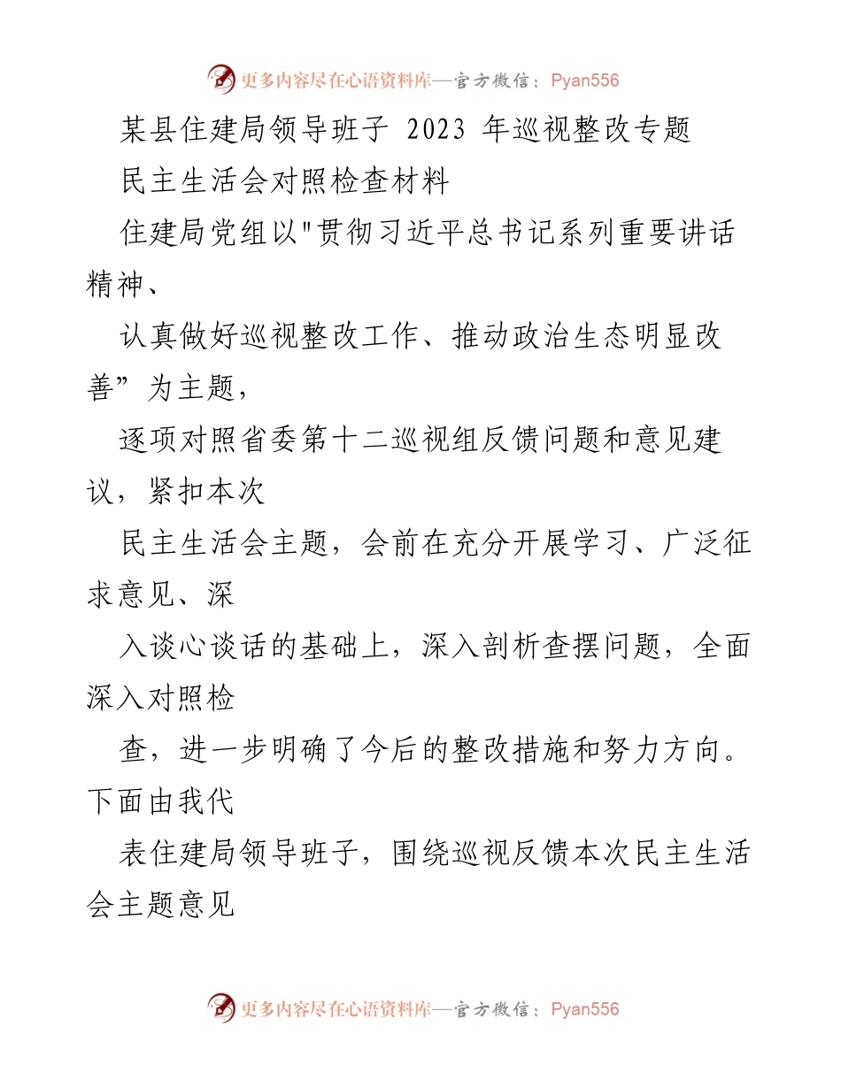 [发言] 民主生活会 - 住建局领导班子巡视整改对照检查发言材料.docx_第1页