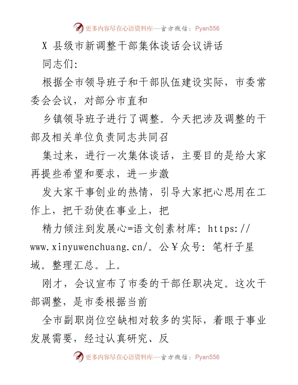 [发言] 新调整干部集体谈话会议 - 激励干事创业，树立用人导向.docx_第1页