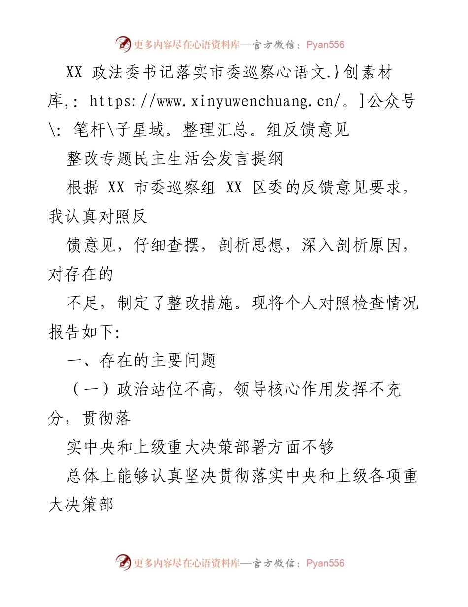 [发言] 整改专题民主生活会 - XX政法委书记关于市委巡察组反馈意见的整改发言提纲.docx_第1页