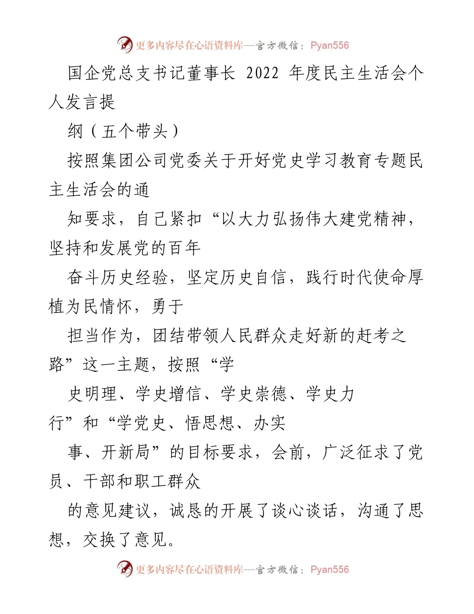 [发言] 民主生活会 - 国企党总支书记年度民主生活会个人发言提纲.docx_第1页