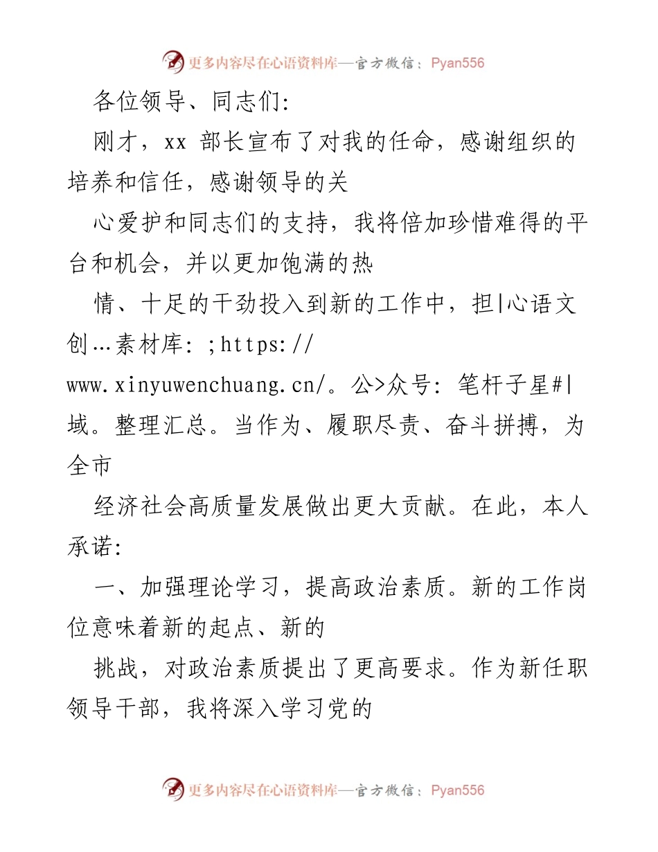 [发言] 新任职领导干部就职演讲 - 新任职承诺与工作展望.docx_第1页
