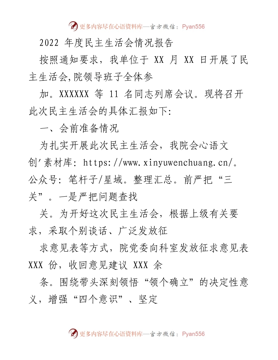 [发言] 民主生活会 - 2022年度民主生活会情况报告.docx_第1页