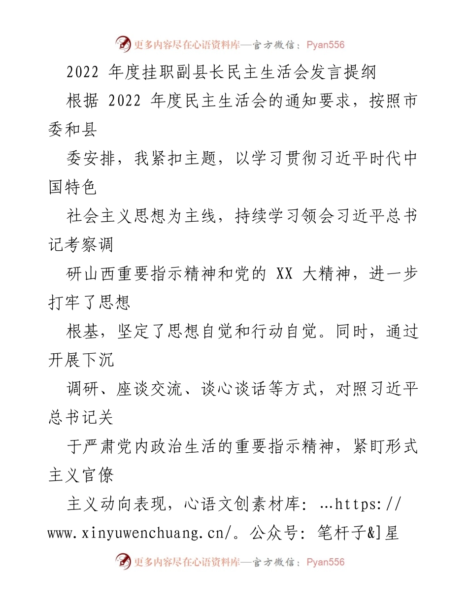 [发言] 民主生活会 - 2022年度挂职副县长民主生活会发言提纲_1.docx_第1页