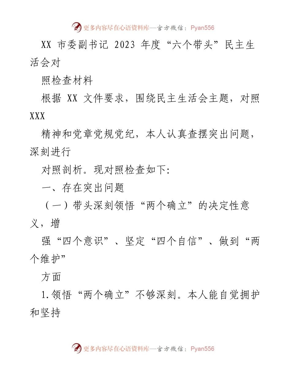 [发言] 民主生活会 - XX 市委副书记2023年度民主生活会对照检查材料.docx_第1页