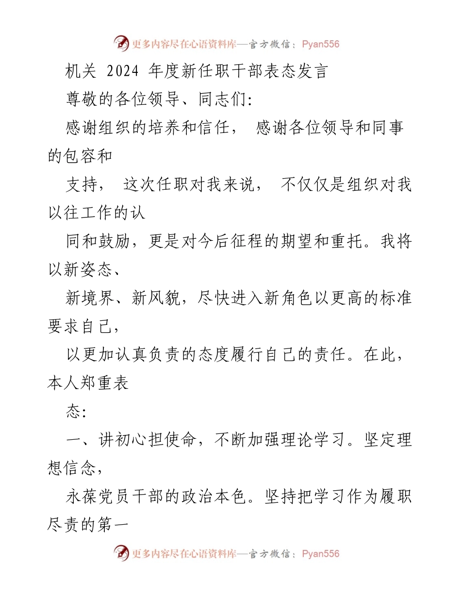 [发言] 新任职干部表态 - 2024年度新任职干部的责任与承诺_2.docx_第1页