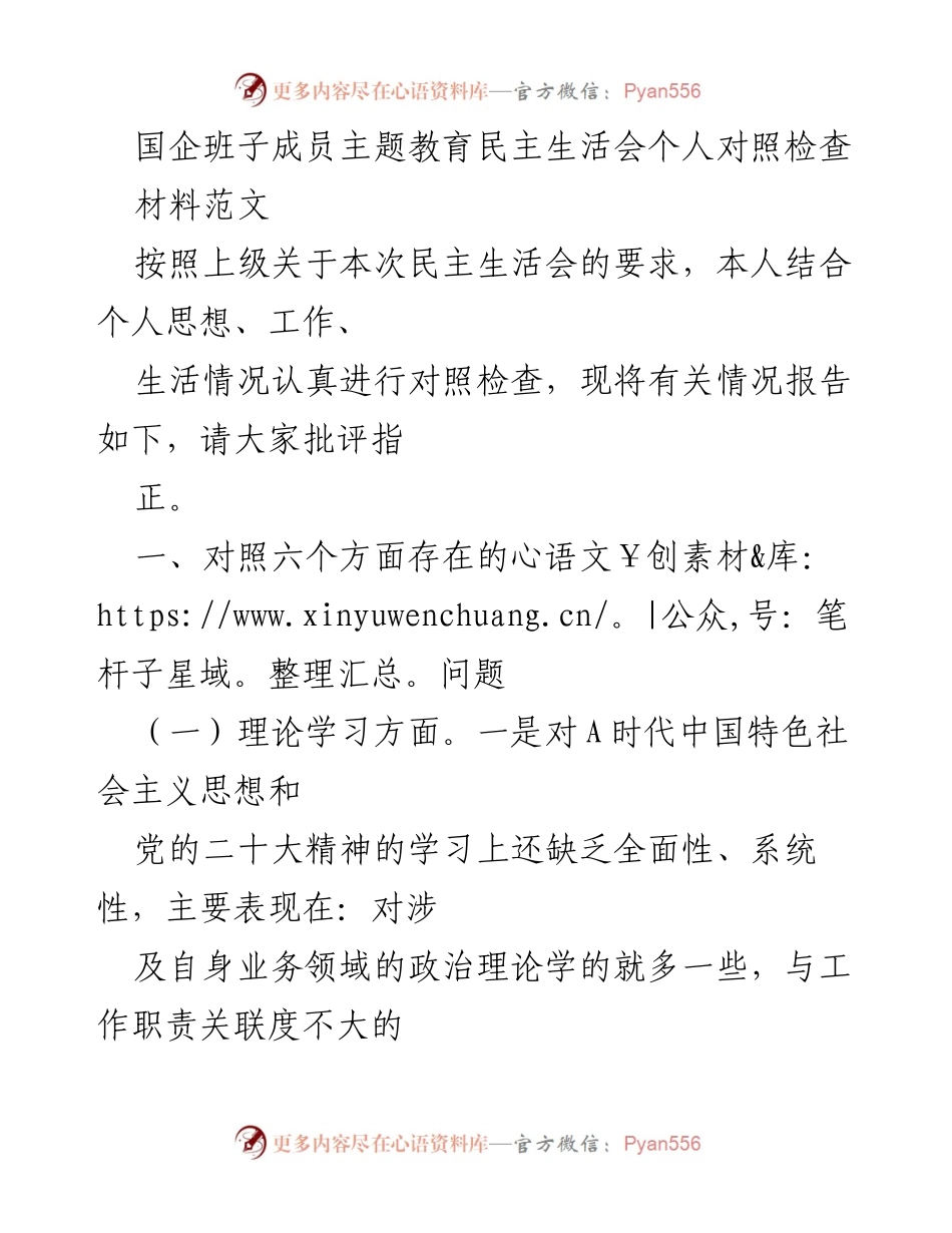 [发言] 民主生活会 - 国企班子成员主题教育对照检查发言稿.docx_第1页