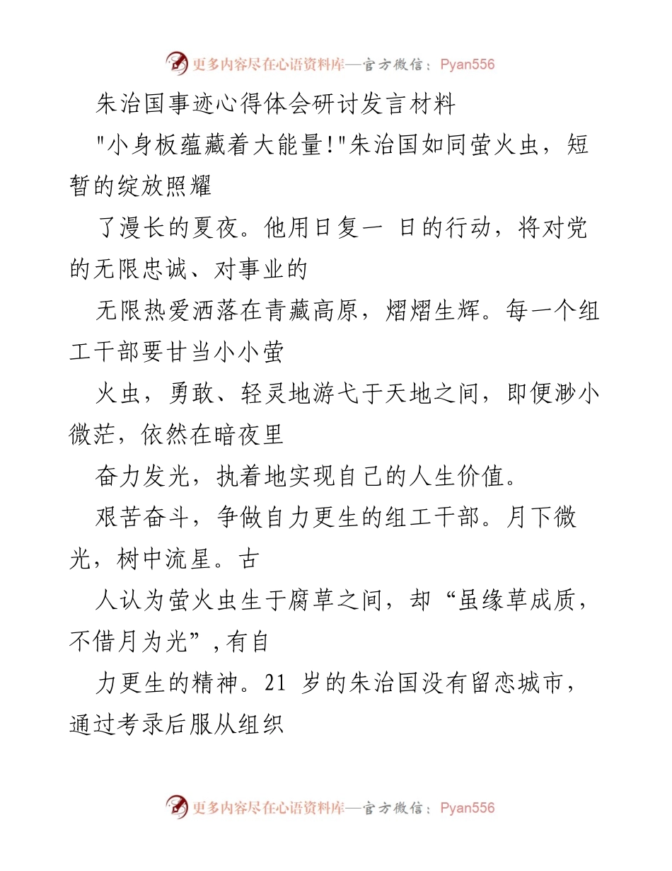 [发言] 朱治国事迹心得体会研讨会 - 小萤火虫的光辉：朱治国的精神与组工干部的责任.docx_第1页