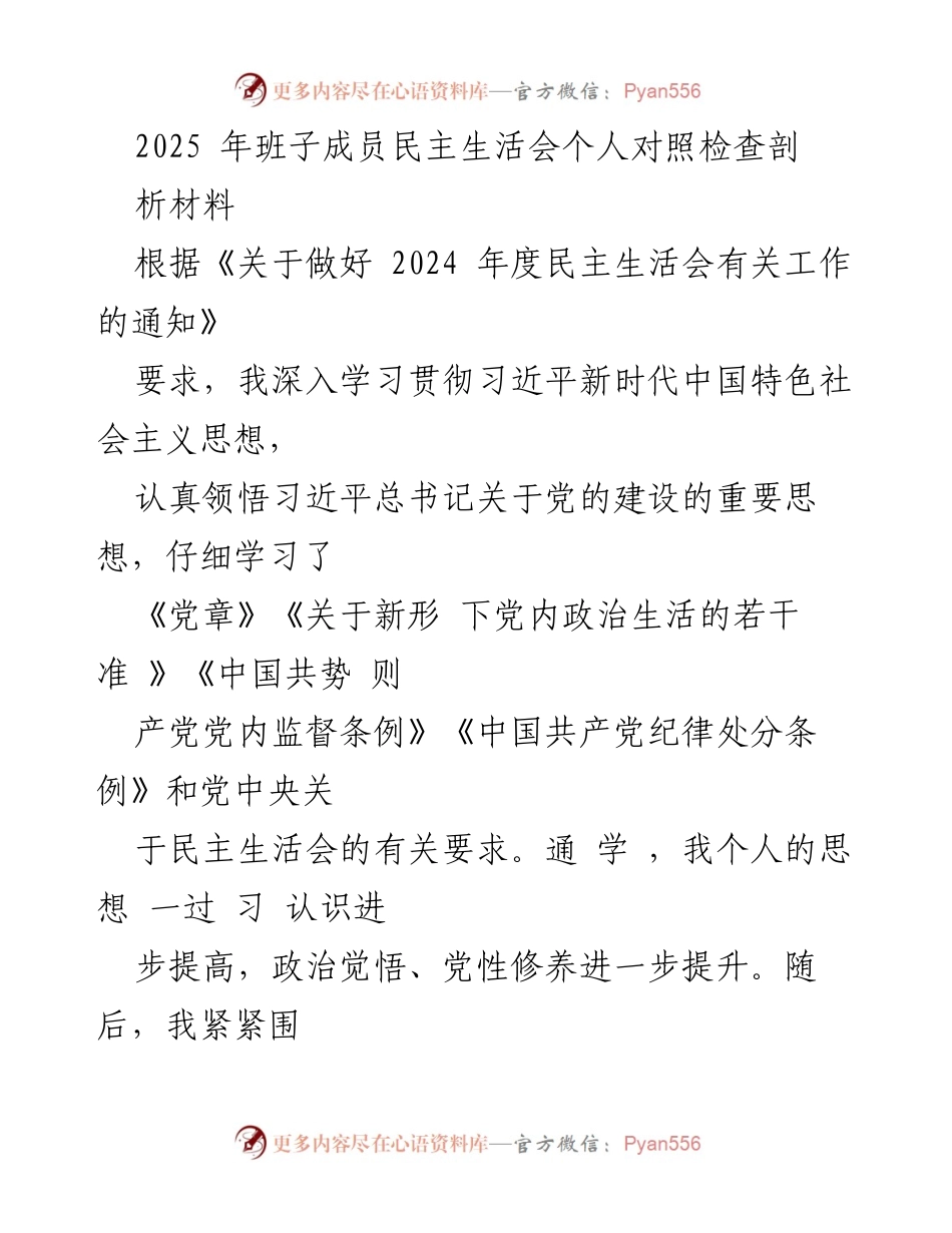 [发言] 民主生活会 - 2025年班子成员对照检查与整改措施汇报.docx_第1页