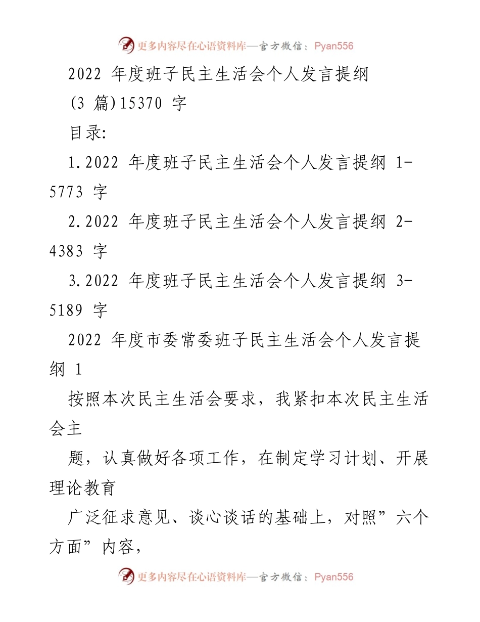 [发言] 民主生活会 - 2022年度班子民主生活会个人发言提纲.docx_第1页