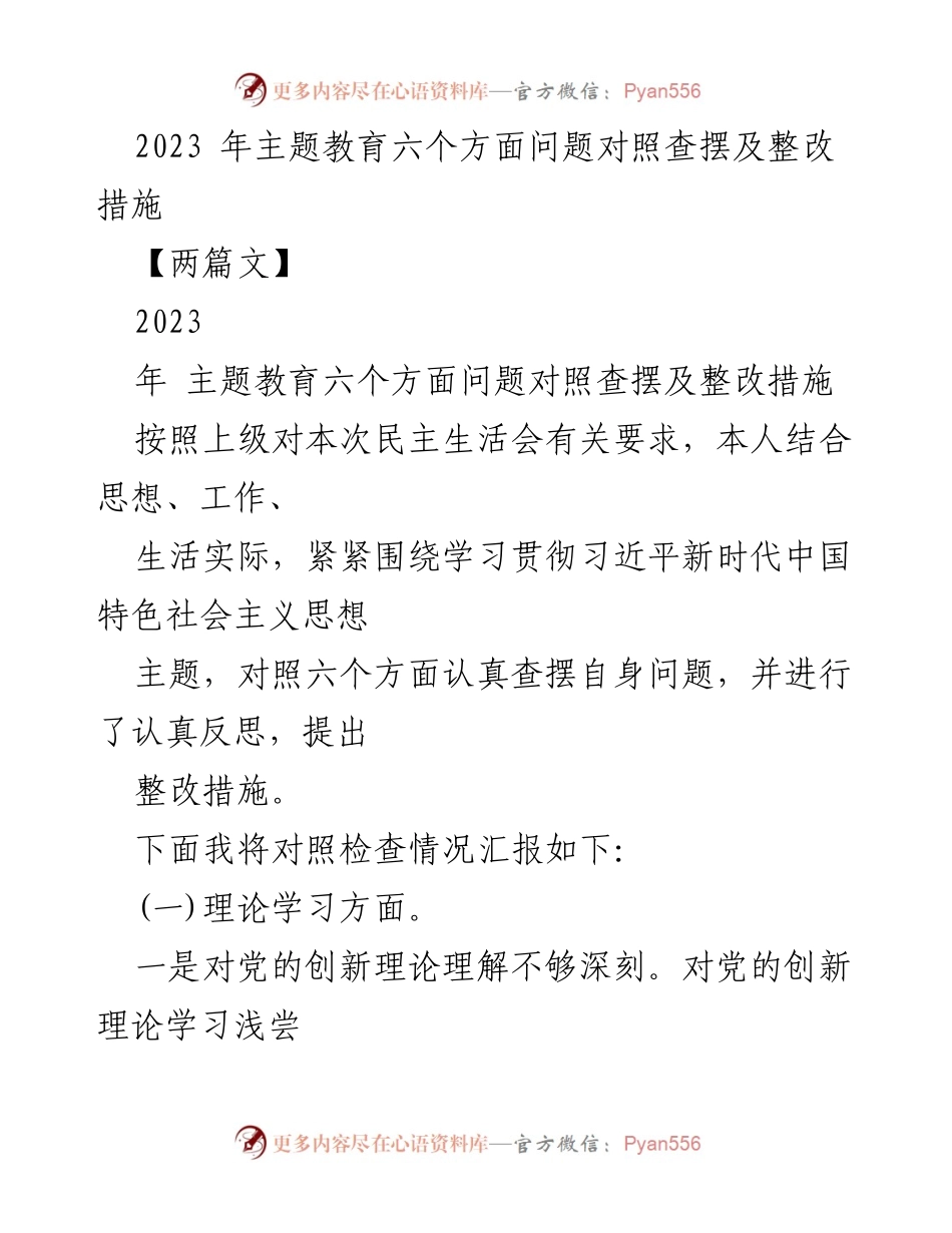 [发言] 民主生活会 - 2023年主题教育问题查摆与整改措施报告.docx_第1页