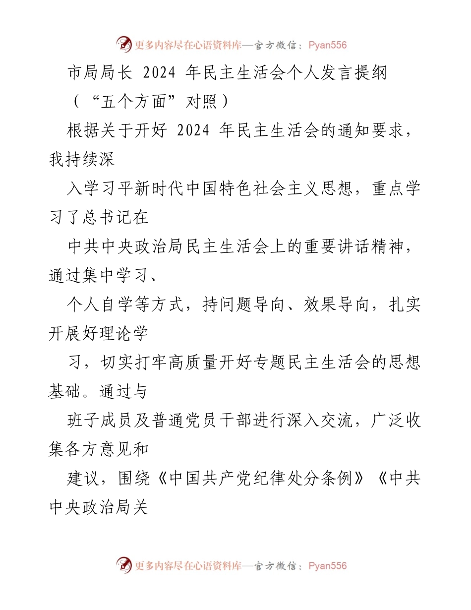 [发言] 民主生活会 - 2024年民主生活会个人发言提纲.docx_第1页