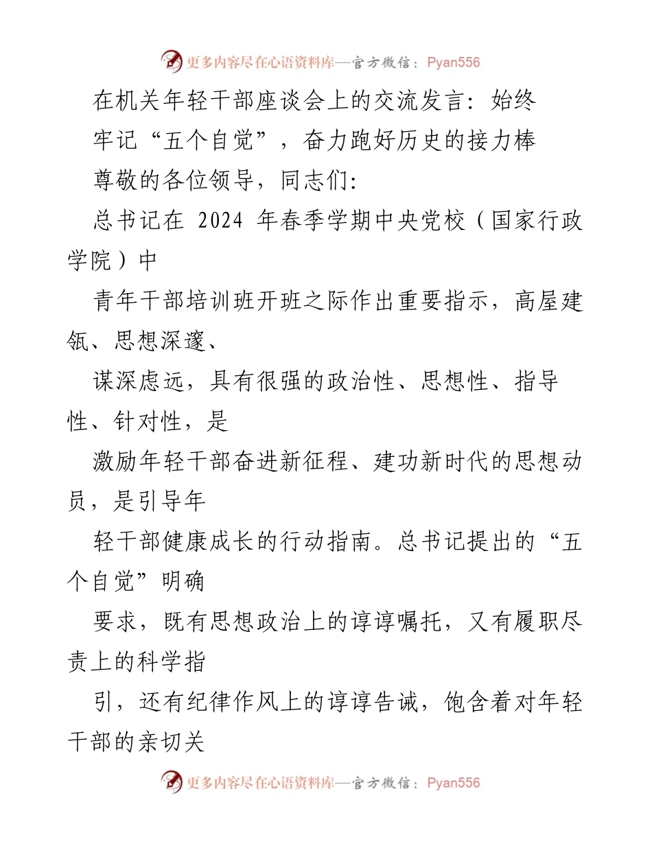 [发言] 机关年轻干部座谈会 - 奋力跑好历史的接力棒：牢记“五个自觉”的重要性.docx_第1页