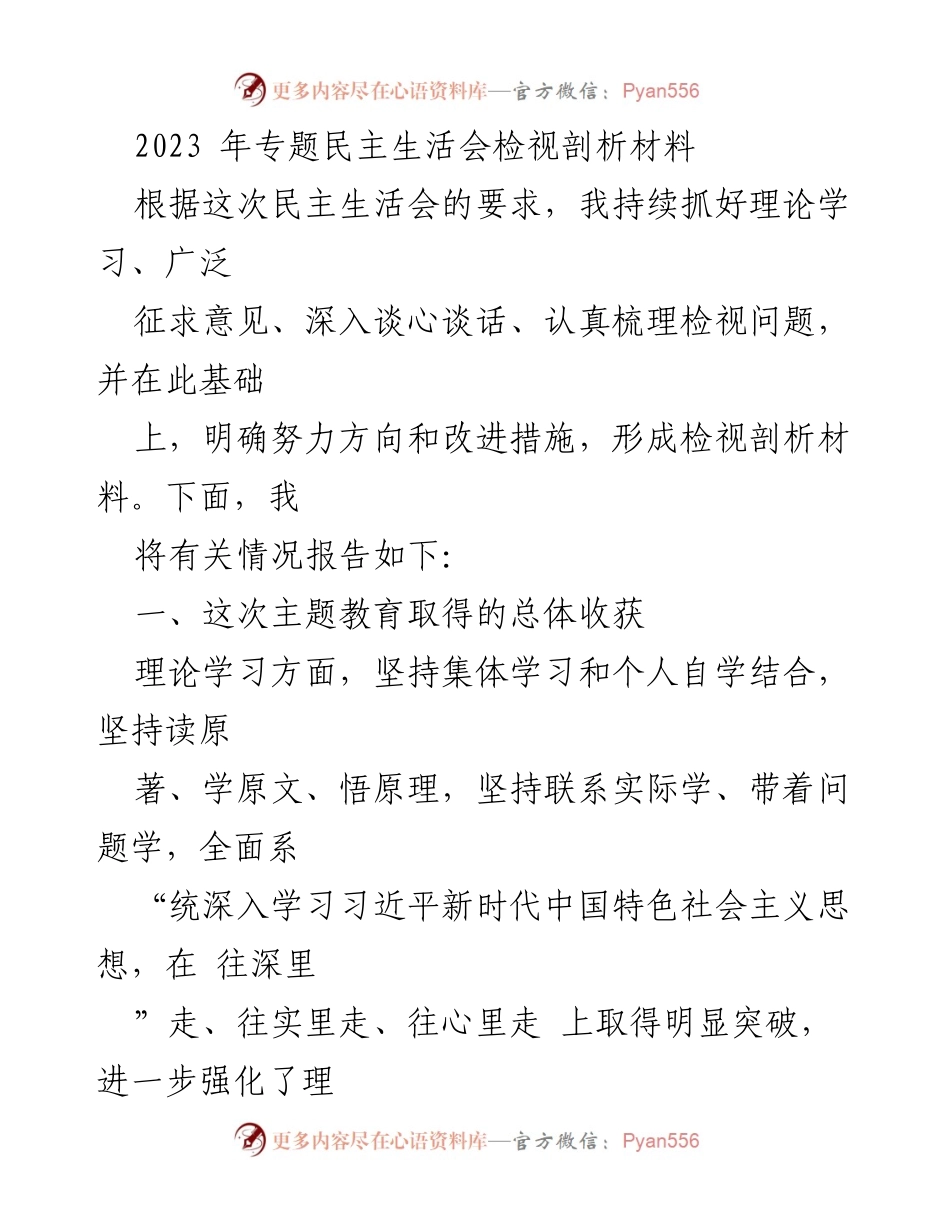 [发言] 民主生活会 - 2023年专题民主生活会检视剖析总结.docx_第1页