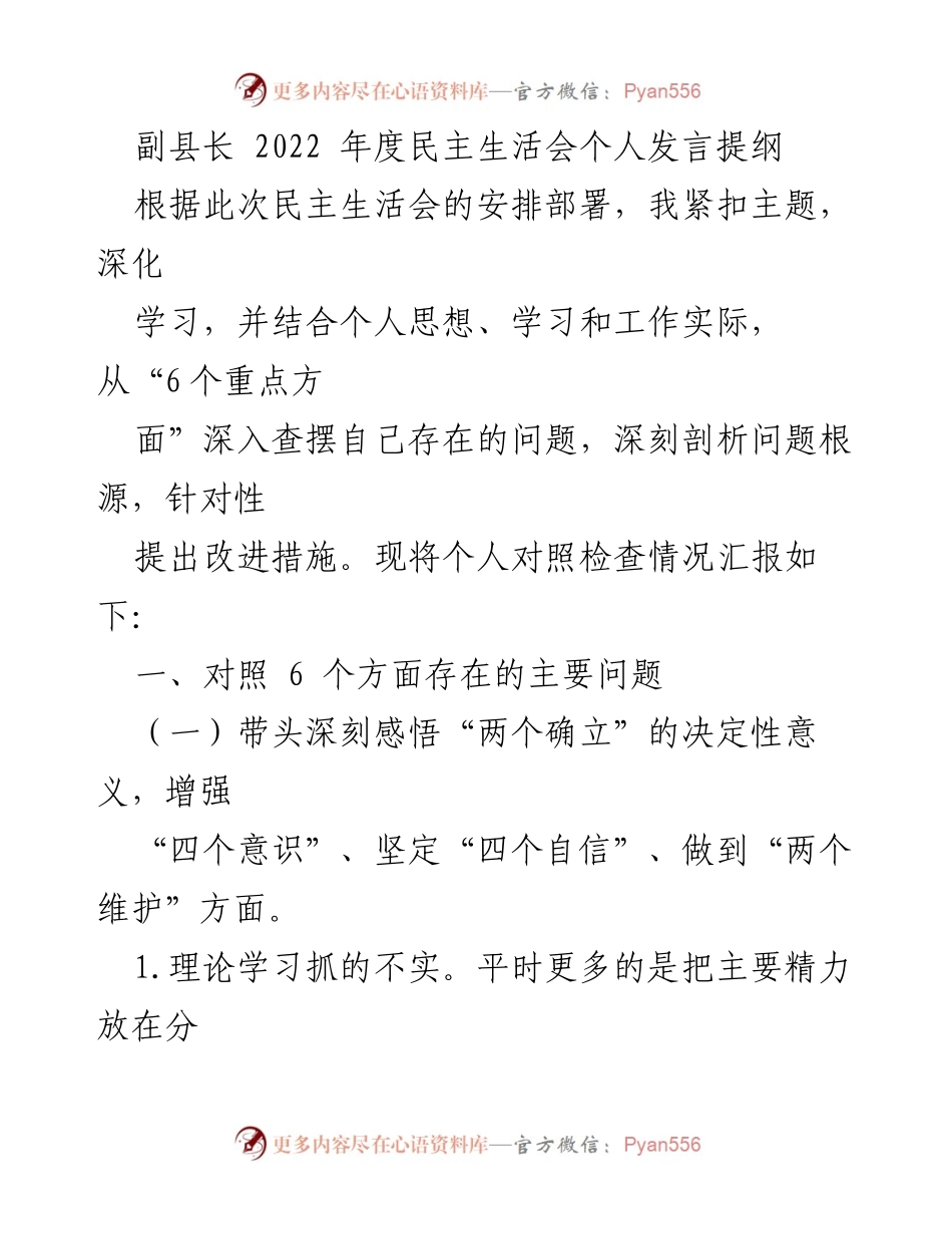 [发言] 民主生活会 - 副县长2022年度民主生活会个人发言提纲_1.docx_第1页