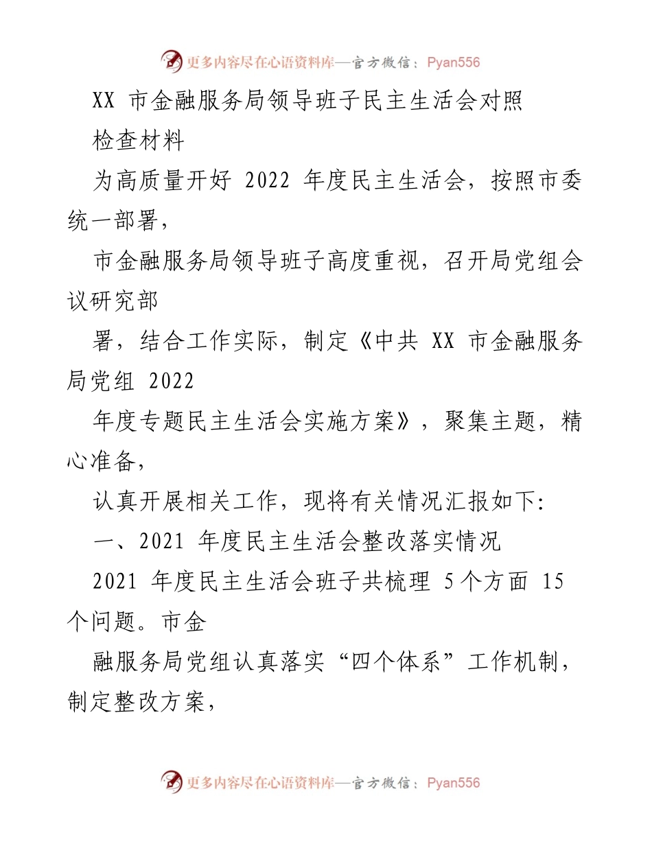 [发言] 民主生活会 - 市金融服务局领导班子2022年度民主生活会对照检查汇报.docx_第1页