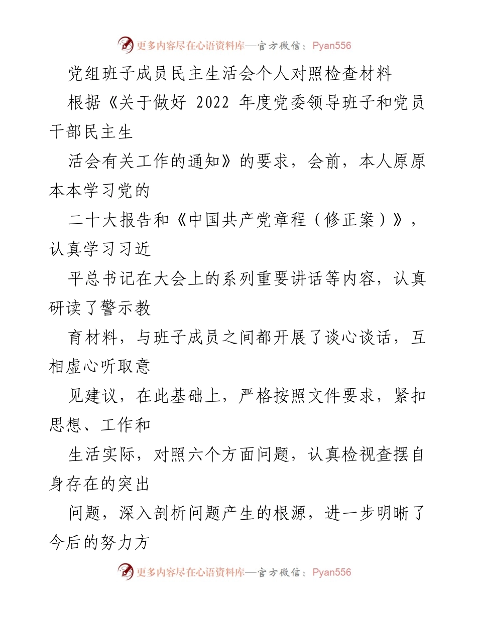 [发言] 民主生活会 - 党组班子成员个人对照检查材料总结.docx_第1页