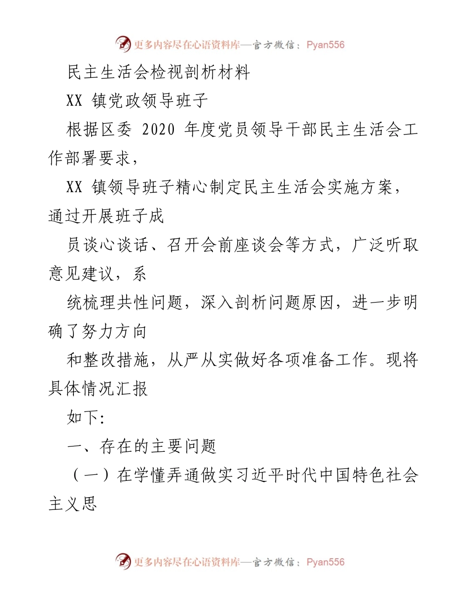 [发言] 民主生活会 - XX镇党政领导班子民主生活会检视剖析材料.docx_第1页