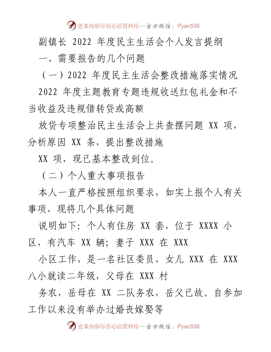 [发言] 民主生活会 - 副镇长2022年度民主生活会个人发言提纲_1.docx_第1页