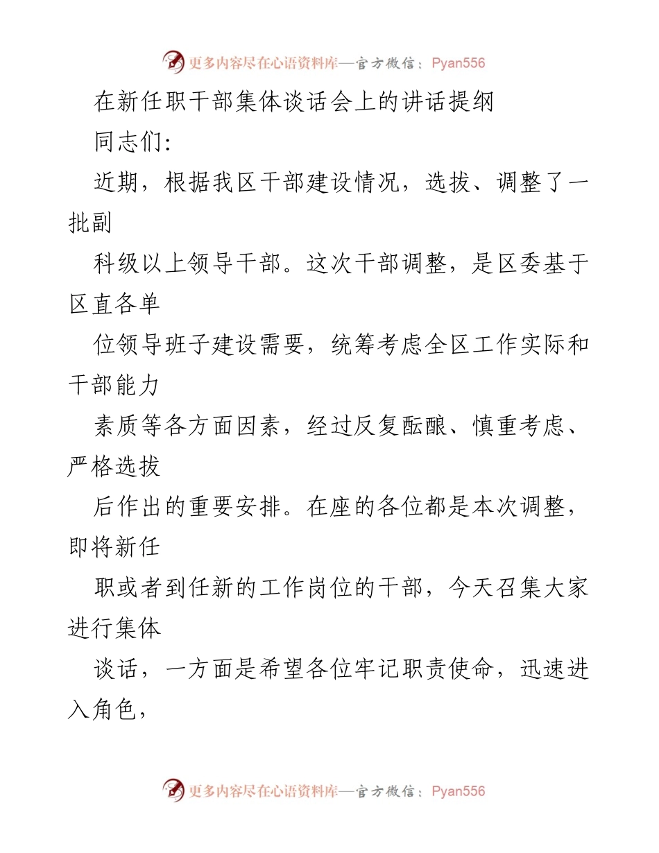 [发言] 新任职干部集体谈话会 - 新任职干部的职责与使命强调.docx_第1页