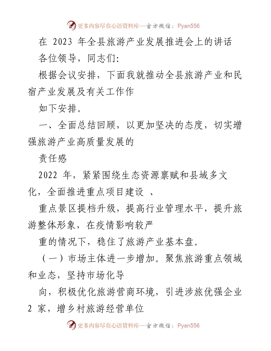 [发言] 旅游产业发展推进会 - 推动全县旅游与民宿产业高质量发展的工作安排.docx_第1页