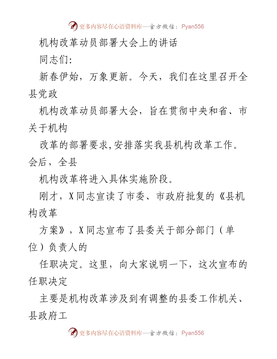 [发言] 机构改革动员部署大会 - 深化机构改革，推动治理能力现代化.docx_第1页