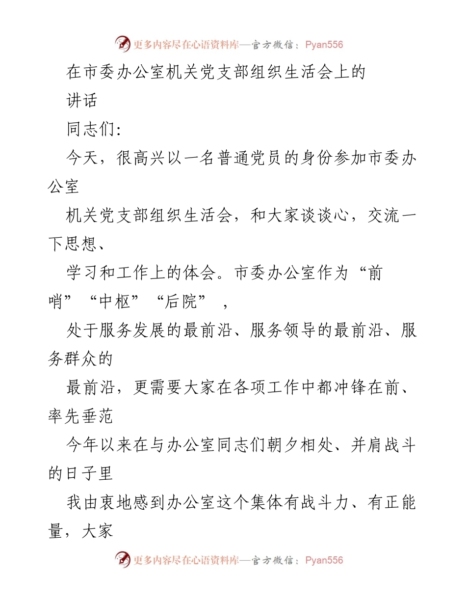 [发言] 机关党支部组织生活会 - 坚定信念，争做先锋：在市委办公室党支部组织生活会上的讲话.docx_第1页